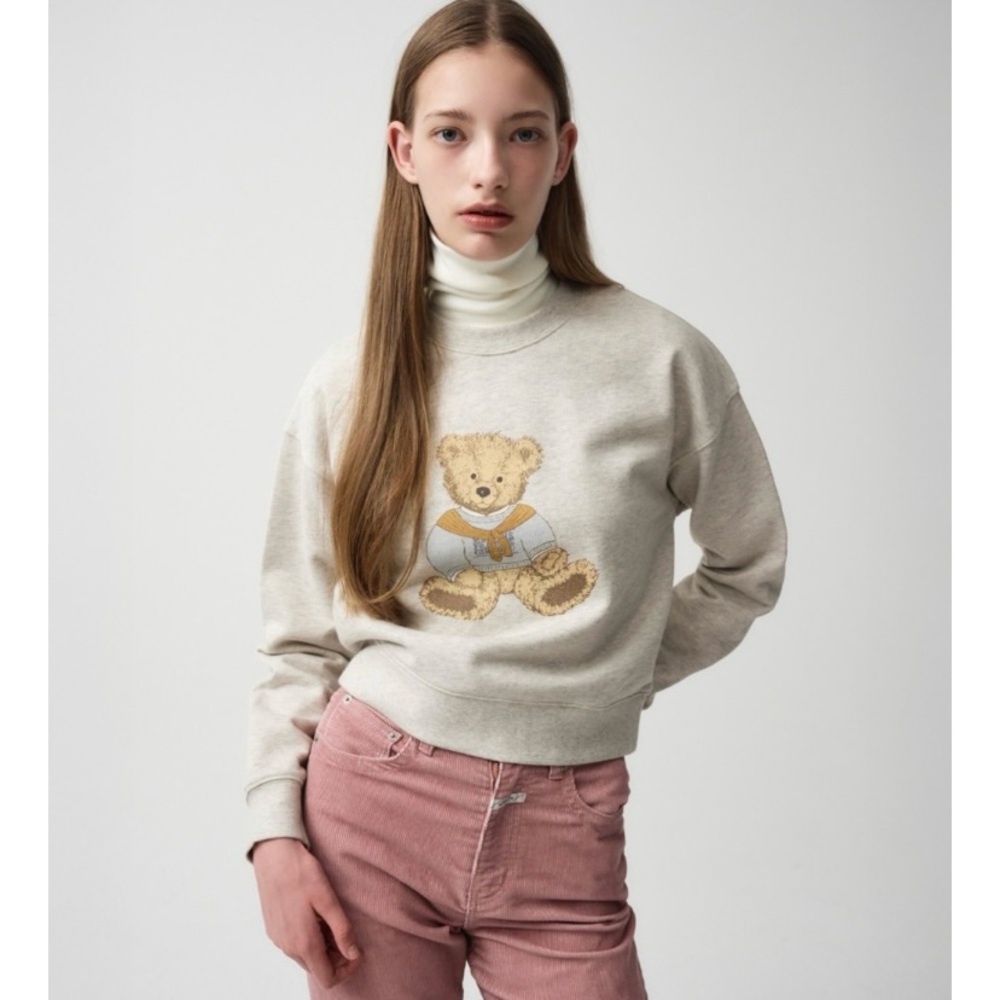 Marithé François Girbaud Doodle Bear Crop Sweatshirt Oatmeal M NWT
